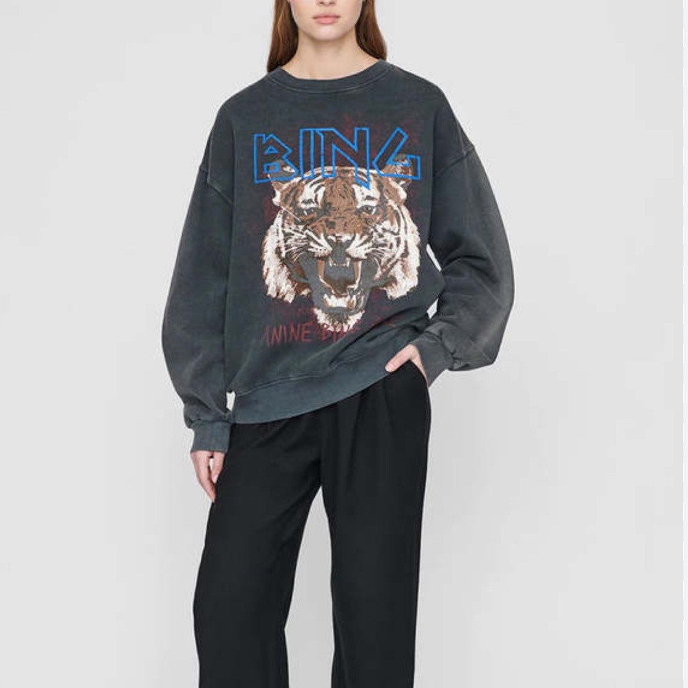 Anine Bing Charcoal Gray Tiger Graphic Sweatshirt with Blue Logo